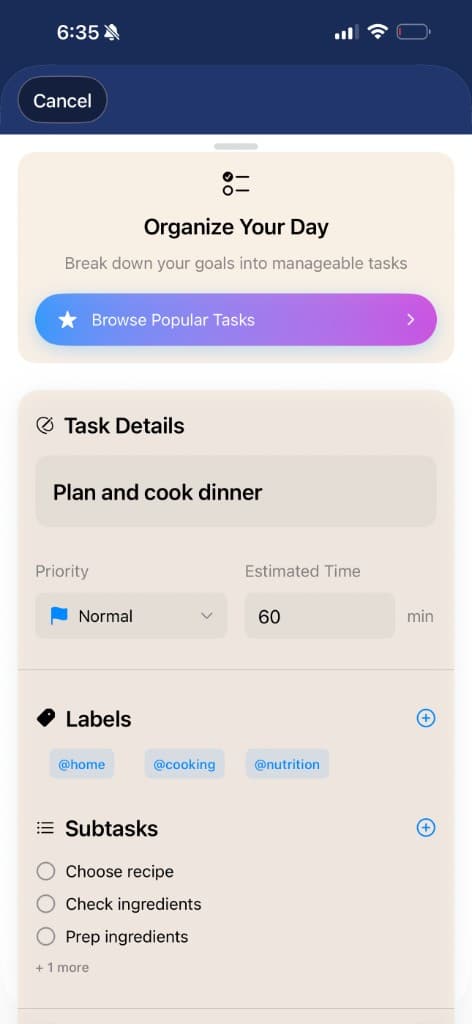 Prospersuit Quick Add Task screen