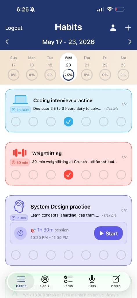Prospersuit Habits screen showing weekly progress, habit cards, and timers
