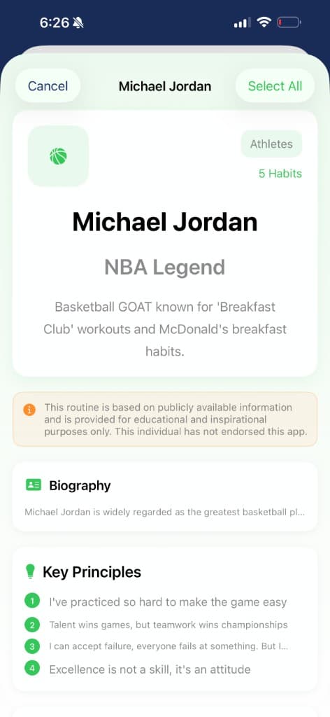 Prospersuit Success Routines screen showing athlete routine cards