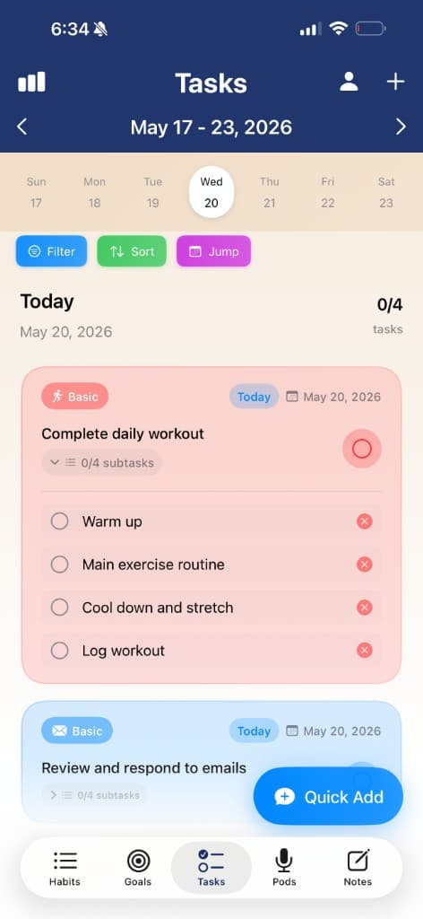 Prospersuit Tasks screen with dated task cards and subtasks