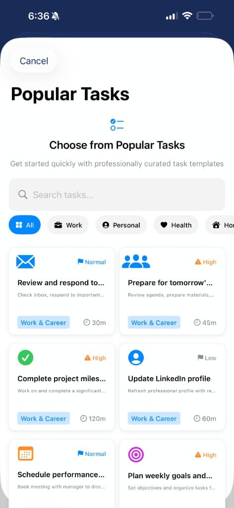 Prospersuit Popular Tasks screen with work task templates