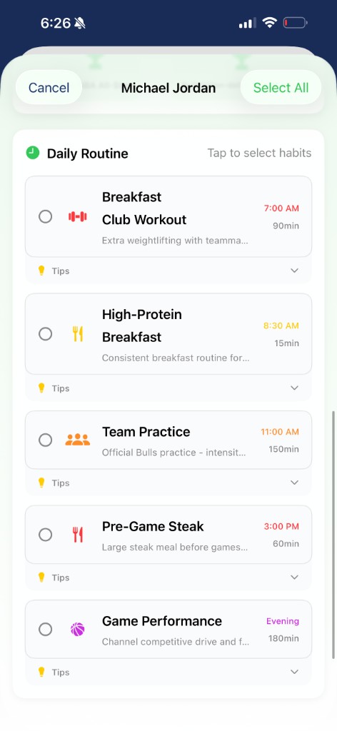 Michael Jordan selectable daily routine habits in Prospersuit